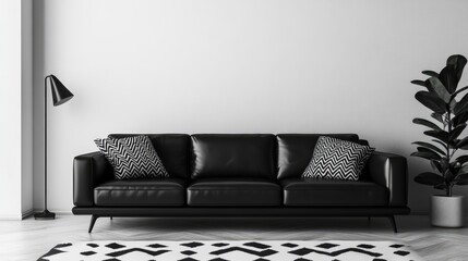 A black leather sofa in a modern living room, with monochrome cushions adding to the chic aesthetic.