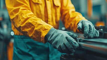 A worker in protective gear adjusts machinery in a workshop, emphasizing safety, precision, and craftsmanship.