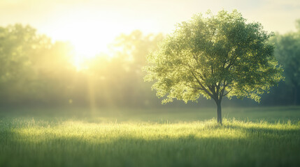 Obraz premium A solitary tree basks in the warm glow of the sunlight, standing tall in a serene, grassy meadow surrounded by a soft, misty ambiance.