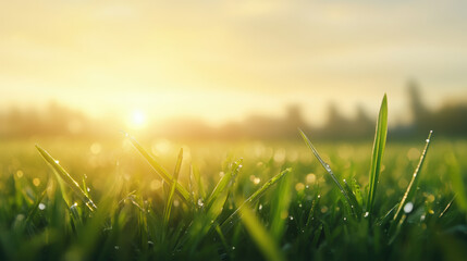 Fototapeta premium Morning sunlight bathes a dew-covered grassy field, creating a serene and picturesque natural landscape with a warm and inviting glow.