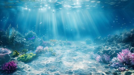 Naklejka premium Captivating Underwater Seascape with Vibrant Coral Reef and Sunlight Beams
