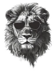 Obraz premium A black and white illustration of a lion wearing sunglasses.