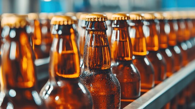 A focused view of amber beer bottles lined up on a production line, highlighting their glossy surface and metal caps in a brewery setting.