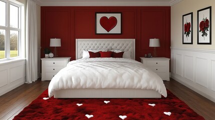 A romantic bedroom with white furniture, a red wall, and a red rug with white heart accents. The room is decorated with framed pictures of roses and a heart.