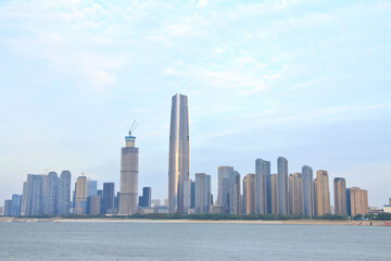 Yangtze River with Modern Skyline of Wuhan in the Background