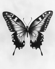 A black and white drawing of a butterfly with its wings spread wide.
