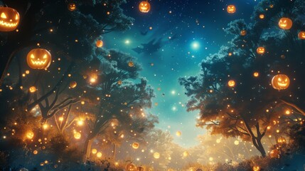 Fototapeta premium A magical scene of an enchanted forest at night, where glowing jack-o'-lanterns float among the trees. The soft light from the pumpkins creates a whimsical and eerie ambiance, perfect for Halloween.