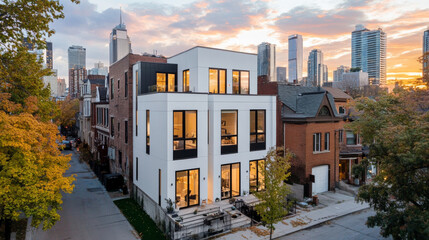 Obraz premium A sleek white contemporary townhouse with geometric design stands prominently against vibrant sunset. urban setting showcases blend of modern architecture and natural beauty