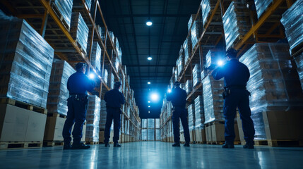 A team of security guard officers is conducting thorough inspection in warehouse filled with stacked pallets. Their focused expressions and flashlights illuminate space, ensuring safety and security