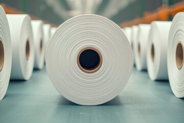 A close-up view of a roll of paper, showcasing its texture and layers, surrounded by other similar rolls in a well-lit industrial setting.