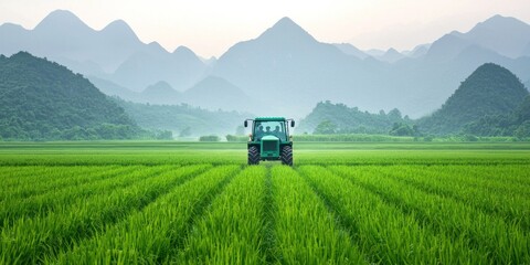 A tractor navigates lush, green rice fields, set against a backdrop of serene mountains under a soft, hazy sky.