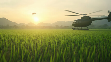 Vietnamese village where life continues despite the backdrop of war. Local villagers farm rice fields as helicopters pass in the distance. The scene shows resilience and the enduring spirit of the peo