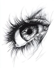 Fototapeta premium A detailed black and white drawing of a human eye with long eyelashes.