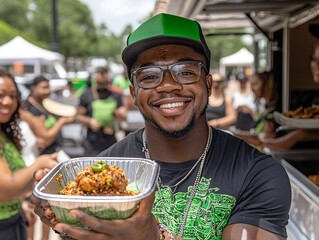 Cheerful Man Holding Food from Food Truck Event
