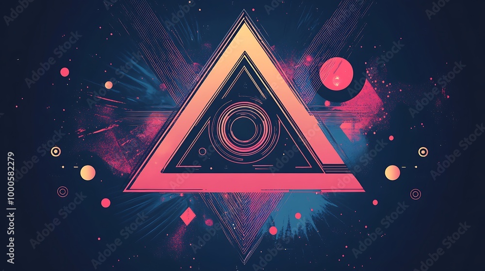 Poster Abstract triangle with colorful geometric elements on a dark background.