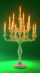 Fototapeta premium A large, ornate candelabra with multiple lit candles glowing brightly against a dark green background. The elaborate design and soft warm light evoke opulence, making it perfect for luxurious or
