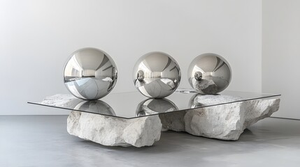A collection of angular stone slabs and reflective chrome orbs arranged on a minimalist glass table