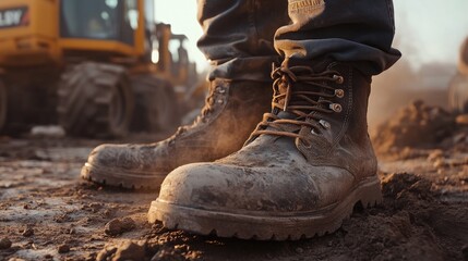 A close-up of work boots on a construction site, covered in dust and dirt, with heavy machinery in the background.