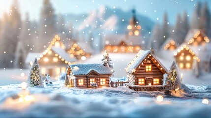 A picturesque winter village, blanketed in snow, featuring cozy illuminated cabins, twinkling lights, and a serene, snowy landscape.