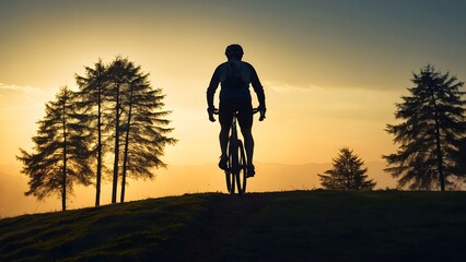 Fototapeta premium A Cyclist Enjoys a Sunset Ride While Silhouetted Against a Mountain Backdrop in a Tranquil Evening Setting