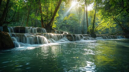 A Tranquil River Flowing Through a Lush Forest with Vibrant Greenery, Serene Forest Landscape, Peaceful River in Nature, Calm Water Flowing Through Forest, Scenic River in Woods

