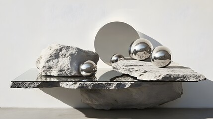 A collection of angular stone slabs and reflective chrome orbs arranged on a minimalist glass table
