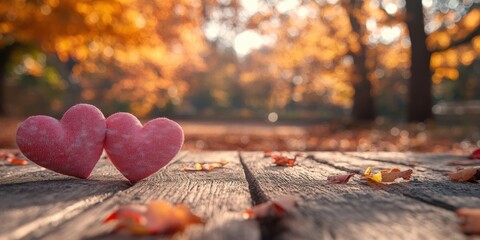 Fototapeta premium Two pink hearts nestled on a wooden surface, surrounded by scattered leaves, against a backdrop of a soft focus, golden autumn foliage.