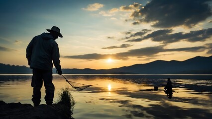 Silhouette of a Fisherman Casting a Net at Sunset by a Tranquil Lake Surrounded by Mountains