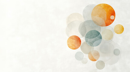 Abstract watercolor circles in shades of orange, blue, and gray overlap each other on a light, textured background, creating a minimalist and calming design.