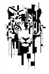 Fototapeta premium A black and white digital illustration of a tiger's face with geometric shapes and lines overlaying the image.
