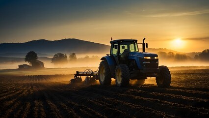 Fototapeta premium Tractor Plowing Fields at Dawn With a Golden Sunrise Over Misty Hills in Rural Landscape