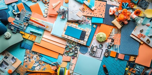 A flat lay with various colored papers,  decorations, and  art supplies.