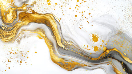 Golden streams of acrylic paint spread out in white-gray outer space. Golden splashes and dust are scattered all over the background. Textured shiny abstract design background