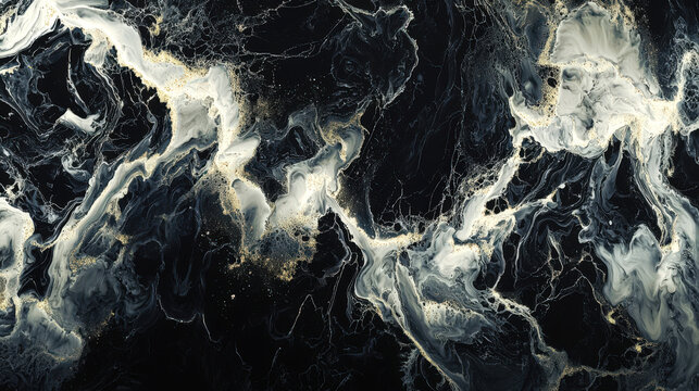 Ethereal bursts of cosmic ink. The concept of ocean waves, top view. White foam streaks in deep black space. There is something fabulous, unearthly in this picture