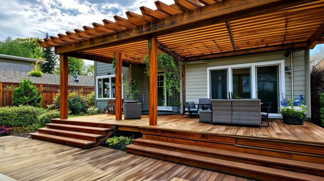 A wooden pergola covers a large deck with steps leading down to the backyard