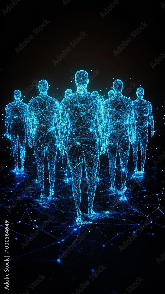 Poster a group of human figures in silhouette, connected by glowing lines, creates mesmerizing digital land