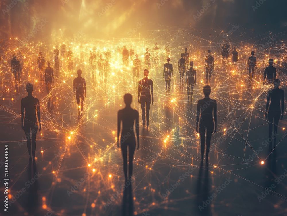Poster a group of human silhouettes is connected by glowing light beams, creating mesmerizing network of en