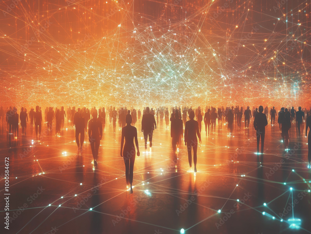 Poster a group of silhouetted figures walking through vibrant network of light beams, symbolizing connectio