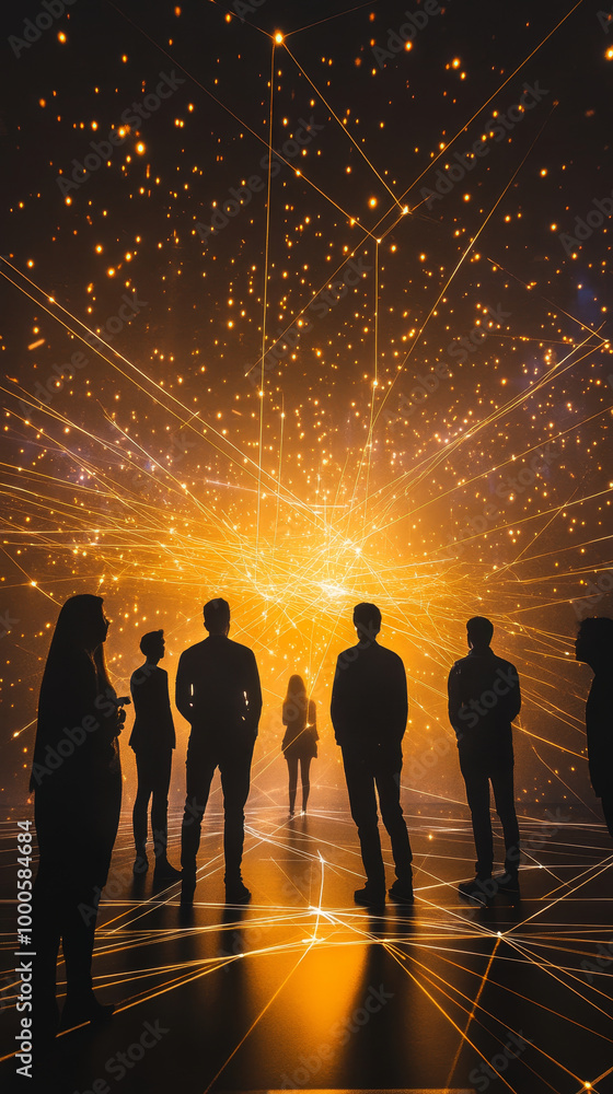 Poster a group of people in silhouette stands against vibrant backdrop of golden lights and cosmic patterns