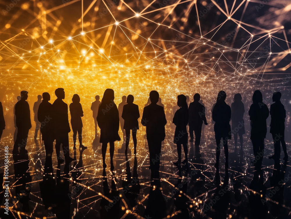 Poster a group of silhouetted figures stands against backdrop of glowing light beams, creating dynamic and 