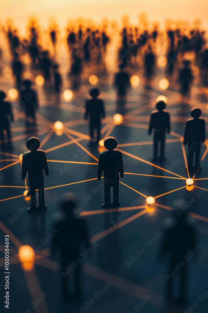 Poster a network of connected human figures in silhouette, symbolizing unity and collaboration. glowing lig