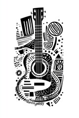 A black and white illustration of a guitar with abstract shapes and patterns.