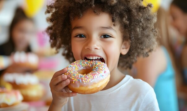 A child happily eating donuts at a birthday party, Generative AI