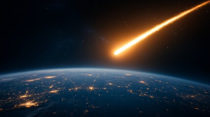Fototapeta premium Large asteroid is approaching earth against background of endless space. Blazing asteroid hurtling towards Earth with glowing fire trail, cosmic view illuminated cities visible on planet's surface