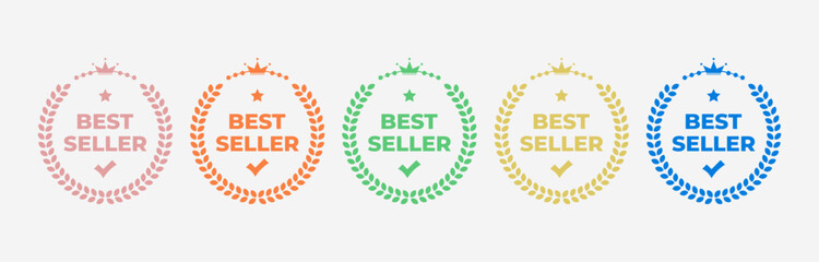 Best Seller badges, laurel wreath, star, crown, checkmark, suitable for marketing materials, product labels, promotional content