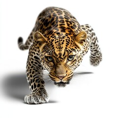 Naklejka premium A stunning and powerful leopard captured in action, showcasing its beautiful pattern and muscular form against a white backdrop.
