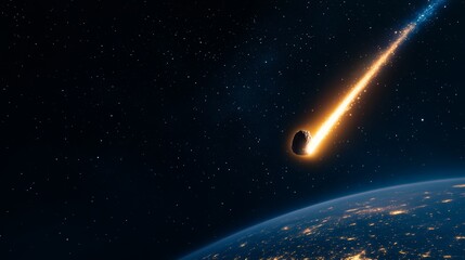 Obraz premium Large asteroid is approaching earth against background of endless space. Blazing asteroid hurtling towards Earth with glowing fire trail, cosmic view illuminated cities visible on planet's surface