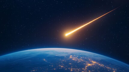 Obraz premium Large asteroid is approaching earth against background of endless space. Blazing asteroid hurtling towards Earth with glowing fire trail, cosmic view illuminated cities visible on planet's surface