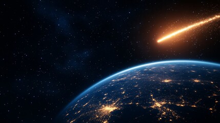 Obraz premium Large asteroid is approaching earth against background of endless space. Blazing asteroid hurtling towards Earth with glowing fire trail, cosmic view illuminated cities visible on planet's surface