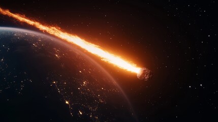 Large asteroid is approaching earth against background of endless space. Blazing asteroid hurtling towards Earth with glowing fire trail, cosmic view illuminated cities visible on planet's surface